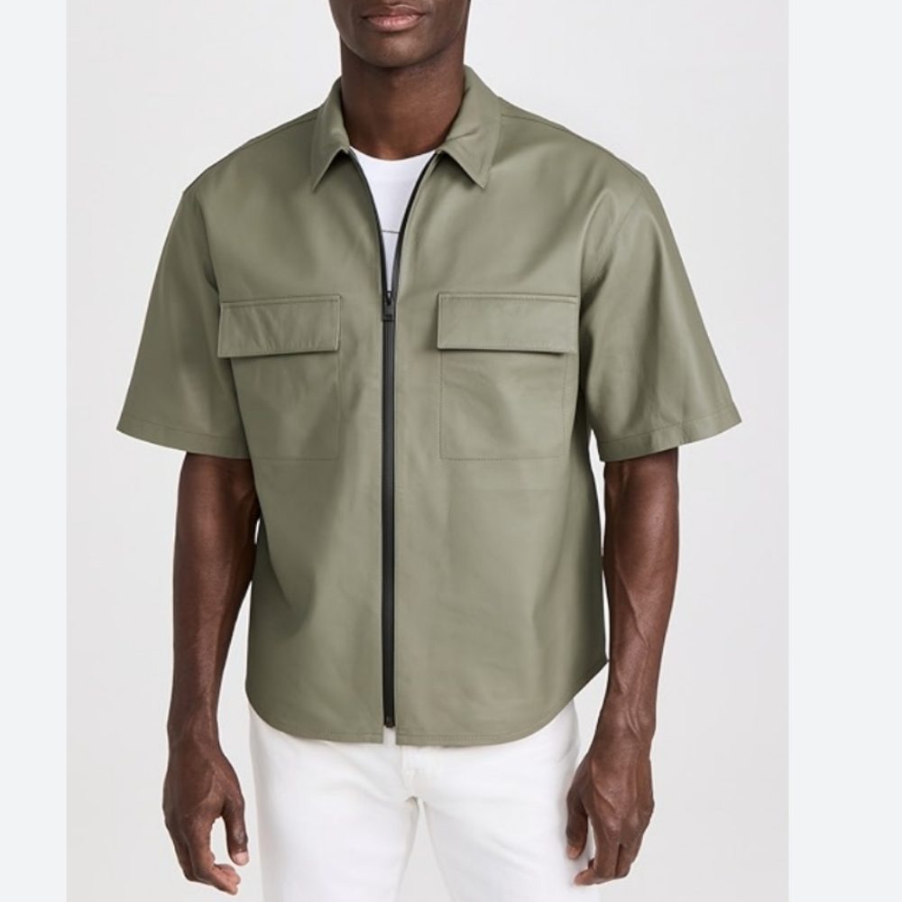 Frame lamb leather short sleeve full zip green top
